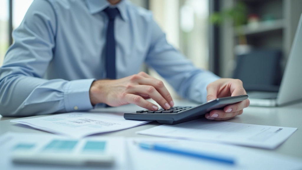 Accountant using calculator to compute payroll calculations with written notes on paper