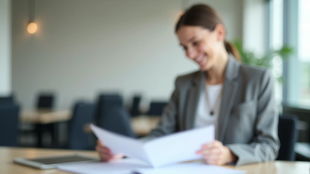 Payroll professional reviewing completed EI remittance form with satisfaction and organized files