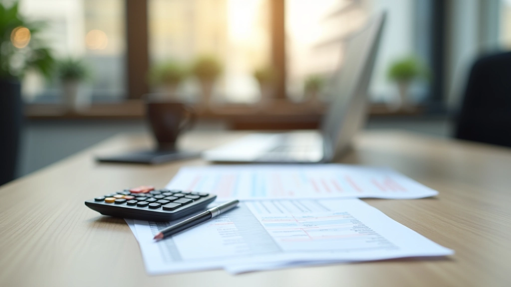 Modern office workspace with calculator, tax documents, and financial spreadsheets on desk